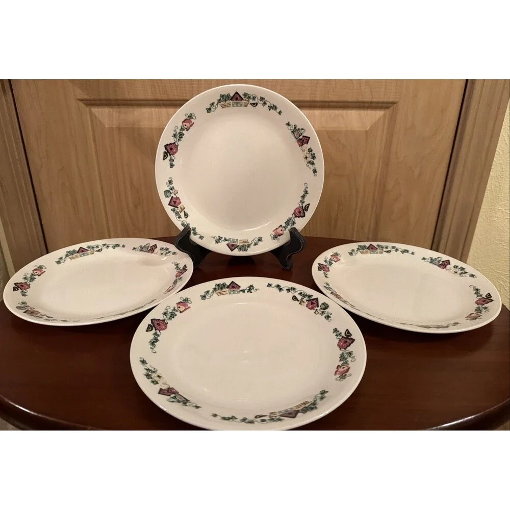 4 Corelle Garden Home Luncheon Plates Birdhouse 8.5”. Good Condition. Ships Fast